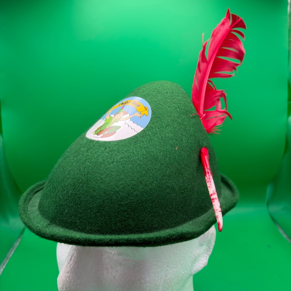 Disney Peter Pan Green Felt Costume Hat Red Feather Jacobson USA Made 22" Retro